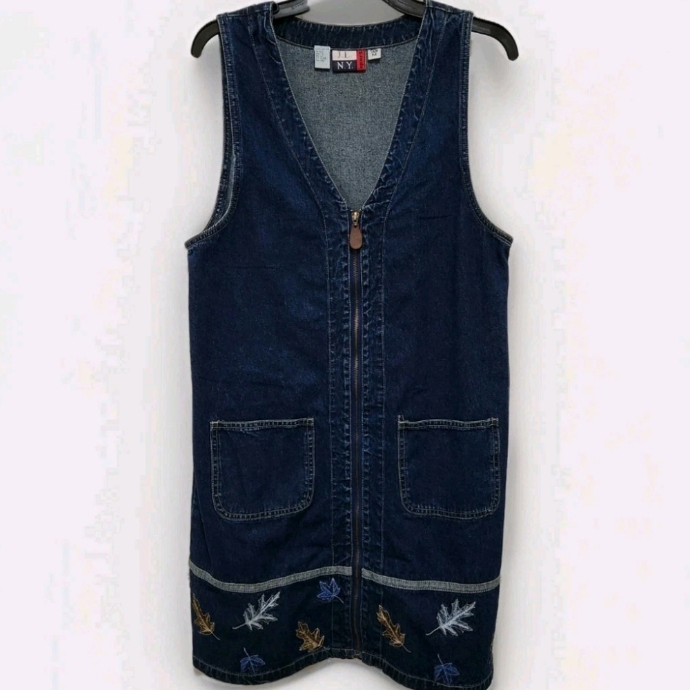 Vtg J.L. N.Y. Sport Women's M Denim Full Zip Sleeveless Dress Embroidered Leaves